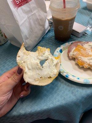 I got a make your own breakfast sandwich. Bagel ham cheddar cheese and cream cheese