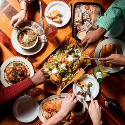 Tamale Nachos, Gumbo, Spaghetti & Meatballs, Shrimp Po Boy