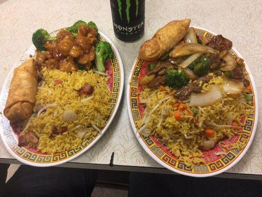 General Tso's chicken combo w. Pork fried rice and beef with mixed vegetables combo w vegetable fried rice.