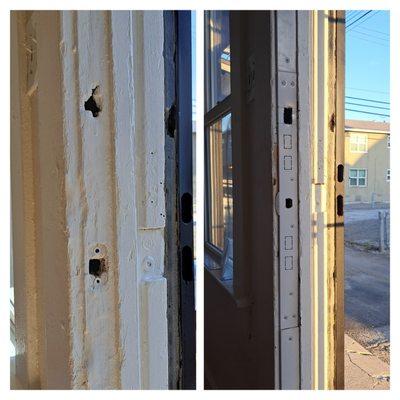 Door jamb restoration kit installed before and after photo