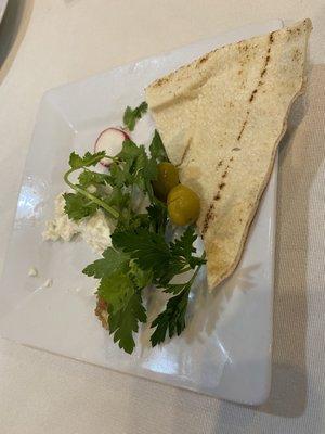 house appetizer: feta, mint, parsley, olives, pita