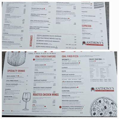 Anthony Coal Fire Pizza Menus...Side 1 of 2 & Flip side of Menu..2 of 2.