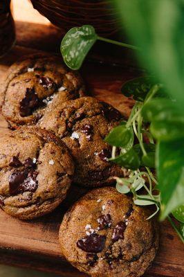 Handmade Organic brown butter Chocolate Chip Cookies topped with Flaked sea salt