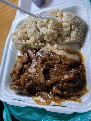 Mongolian Beef no green onion, cooked extra, with brown rice