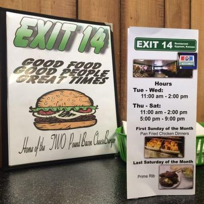 Their hours and specials - "home of the two pound burger"