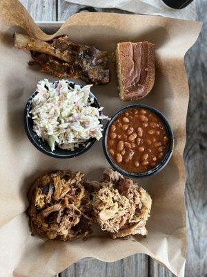 2 meat combo with pulled pork & pulled chicken, baked beans, coleslaw, cornbread, and I added 1 spare rib bone on to try!