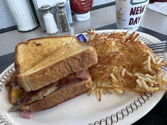 Texas chicken melt w/ bacon  Smothered hash browns