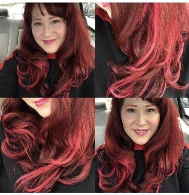 Julie took my long, crazy, curly red hair added some hot pink highlights and blew it smooth and bouncy!! She's fantastic!!