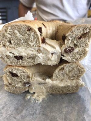 Cinnamon raisin bagel toasted with walnut raisin cream cheese