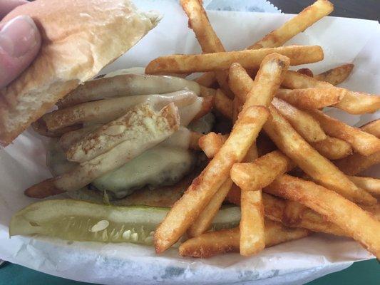 Steel City Burger. Comes with fries and slaw on top!