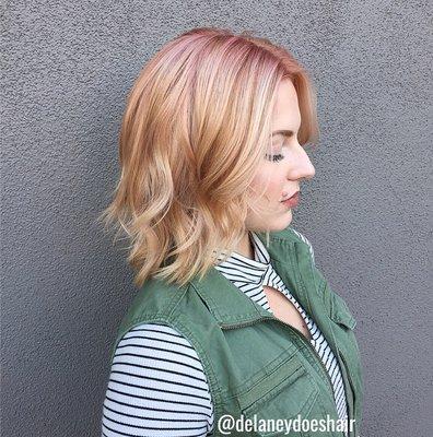 Fun pink to strawberry blonde color melt by Delaney