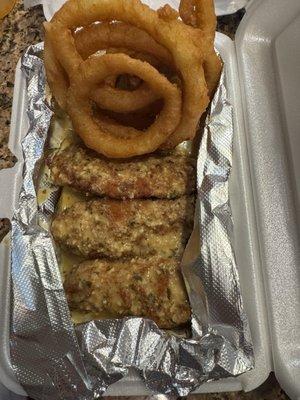 Boneless Chicken Tenders and onion rings (also started eating them before I could grab a pic of the full order)