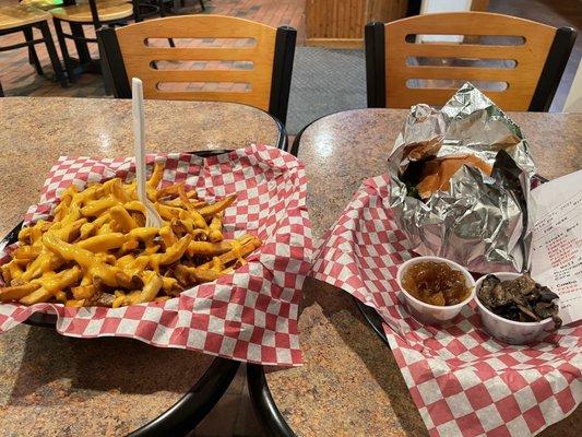 Combo reg cheese burger with cheese fries and drink