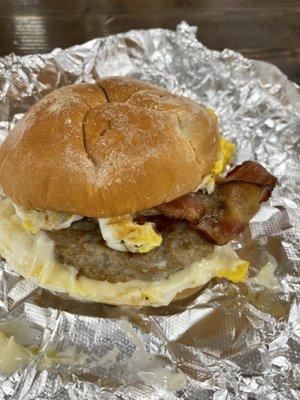 My bacon, sausage, breakfast sandwich delicious