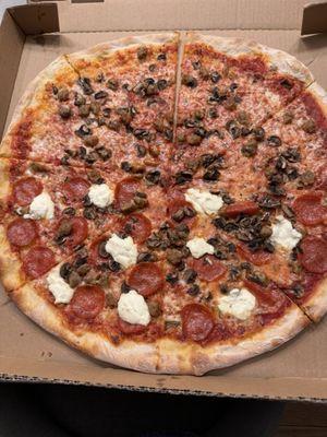 Sausage mushroom and half with ricotta and pepperoni as well!