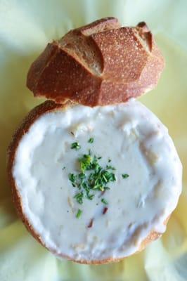 Clam Chowder Made from Scratch! Loaded with clams and potatoes. Freshly baked sourdough bread bowl from Village Bakery in Davis, CA