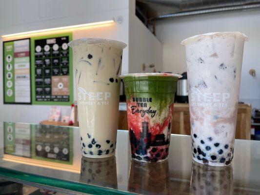 Jasmine milk tea. Strawberry matcha latte. Fresh Taro Milk. Yummy!