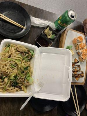 Chicken udon, city roll, sweet potato roll and soda.