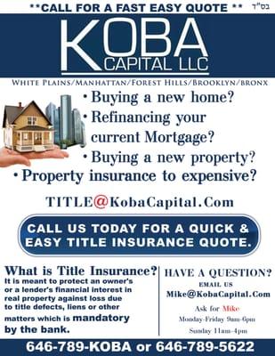 We offer Title Insurance both for commercial and residential purchase or refinance .