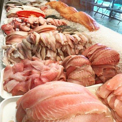 Fresh Fish - Pictured: Basa Swai, Catfish Fillet, Red Snapper, Tilapia, Salmon Fillet, perch, Catfish Steak