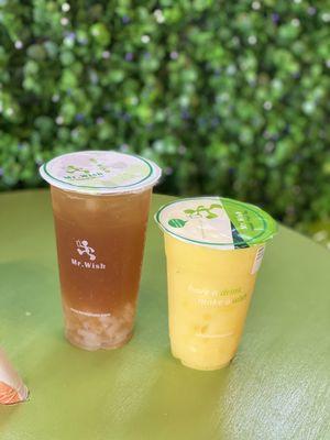 lychee tea with fresh pulp (large) & mango smoothie (medium)