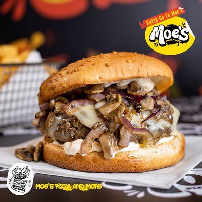 Moes burger- grilled mushrooms & onions, Swiss cheese, mayo