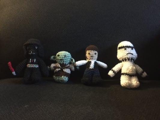 Darth Vader, Yoda, Han Solo and a Storm Trooper -patterns by Lucy Collin.