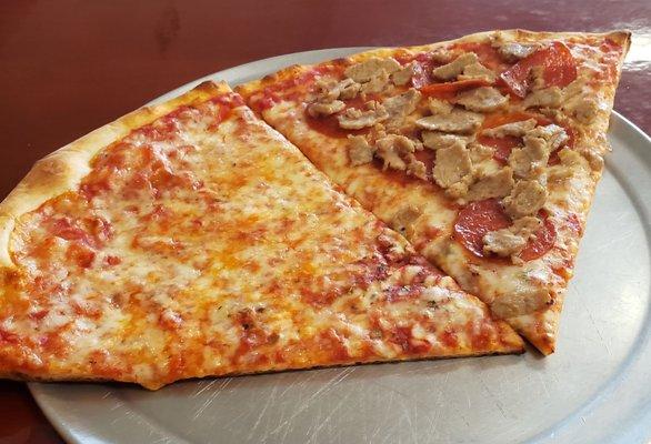 Plain slice and slice with pepperoni and sausage