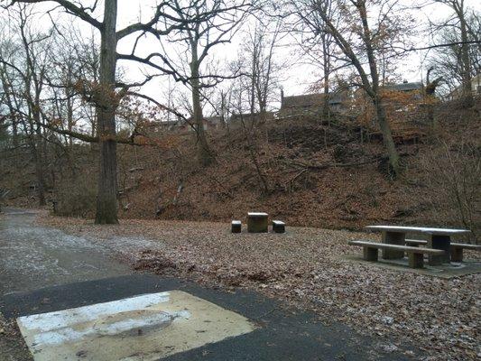 Picnic tables down in the ravine