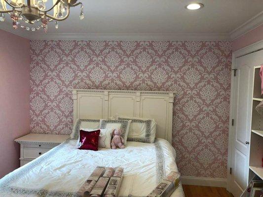 Pink Damask Wallpaper In Girl's Bedroom