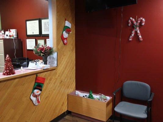 The cheerful reception area at Christmas time.