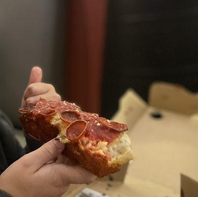 A delicious slice of Detroit style pizza!