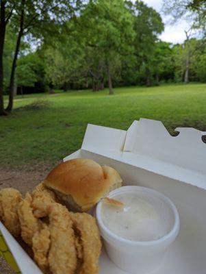 72 degrees,no wind green grass, park bench,fried chicken.... ahhhh