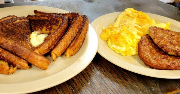 French Toast with Cheesy Eggs and Sausage