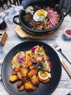 top: chicken mango dolsot , bottom: hemingway eggs benedict