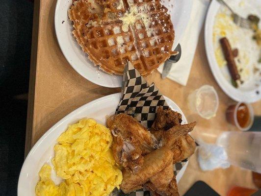 Chicken and waffles. This is the best chicken because it was the whole wing.