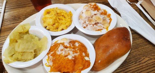 4 vegetable plate with double sweet potato casserole, cabbage, macaroni and cheese, and a yeast roll