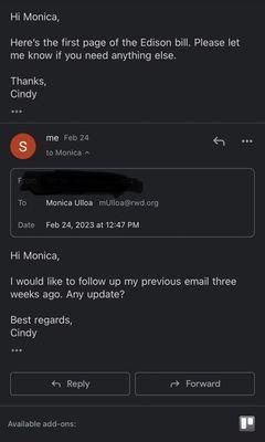 Even though I sent couple follow up emails. Still no response from Monica