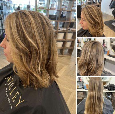 Liz shortened her cut which gave her all the volume + lift. Look how adding face framing highlights + the warm blondes brighten her skin