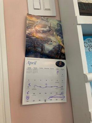 Calendar without top nail and wrong bottom nail used.