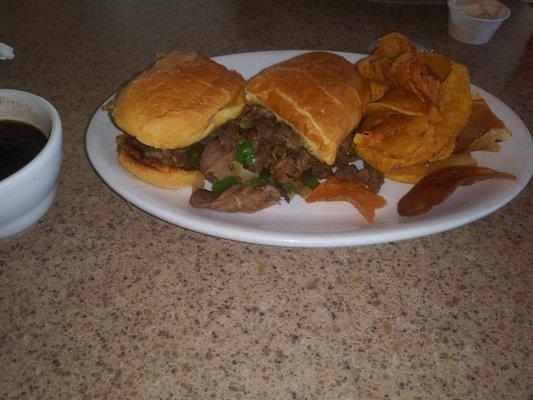 It's a french dip, it comes with the homemade chips and side of french onion dip.   Not very tasty.  But was included.   Fries were extra.