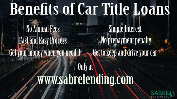 Car title loan process is fast and simple. Get your money today! visit us at www.sabrelending.com