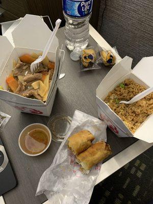 Beef & brocolli, egg rolls, fried rice