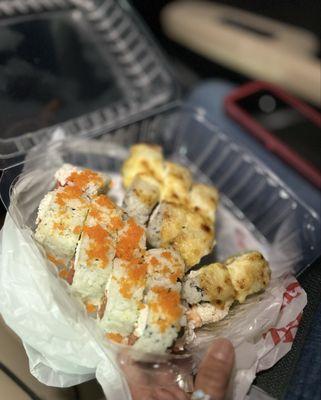 Roll 7: Crab Mix, Spicy Tuna, Shrimp Tempura, Avocado Masago & Roll 9