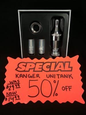 The Kanger Unitank is 50% off right now. It was $29.99, but is on special for $14.99. Come check it out.