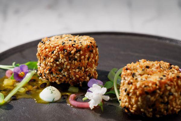 Florida Crab Cakes, Benne Seed Crumble, Passionfruit Remoulade