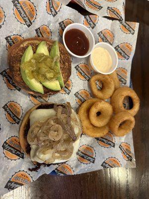 Veggie burger with onion rings