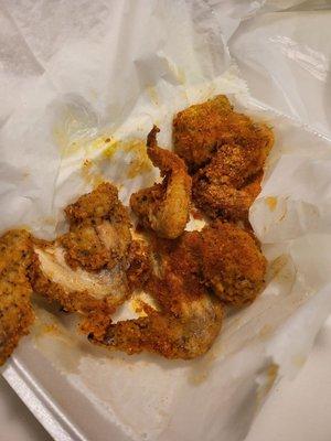 The worst wings I've ever had. Cajun rub mixed with garlic rub that she suggested. Barely "rubbed" in and so salty I couldn't finish it.