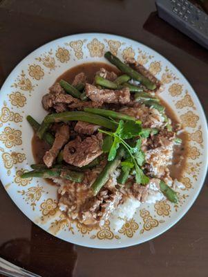 Green beans and beef in black bean sauce over rice, Christmas Day family lunch