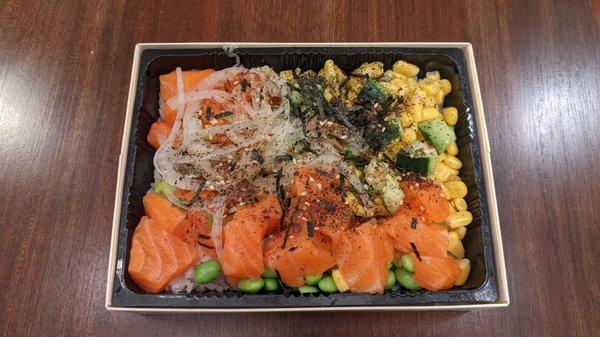 To-go custom poke bowl with 3 servings of salmon. Yum!